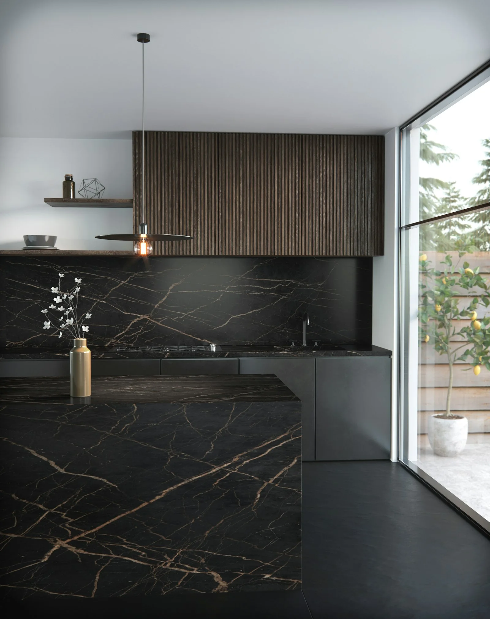 Cuisine sombre avec îlot et crédence en Dekton Laurent, brun veiné d’or.