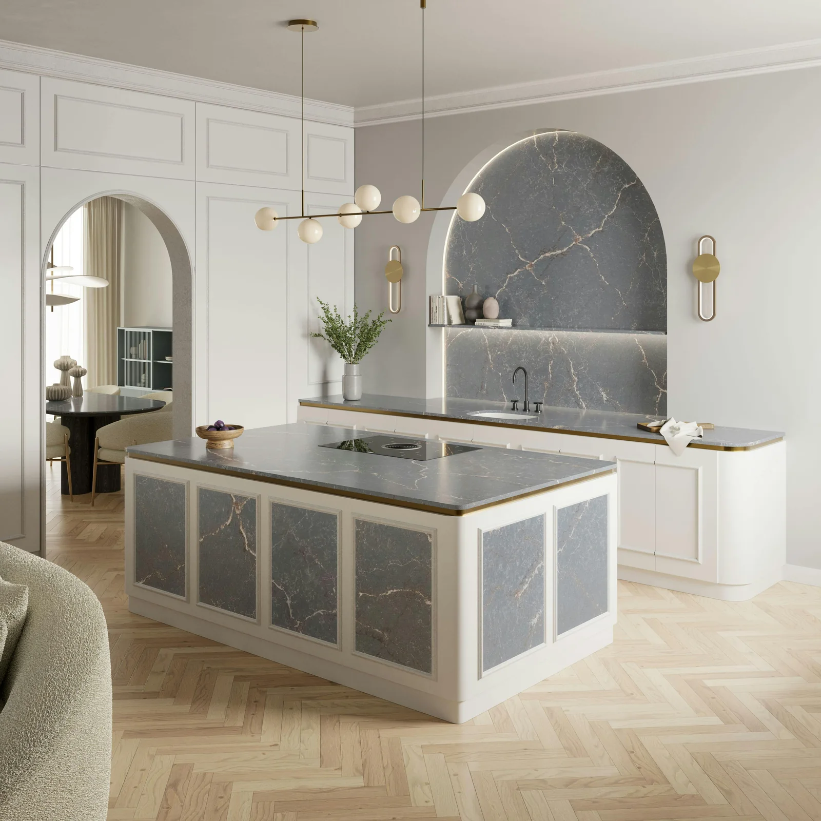Cuisine avec îlot et crédence arquée en Silestone Parisien Bleu, veiné d’ocre.